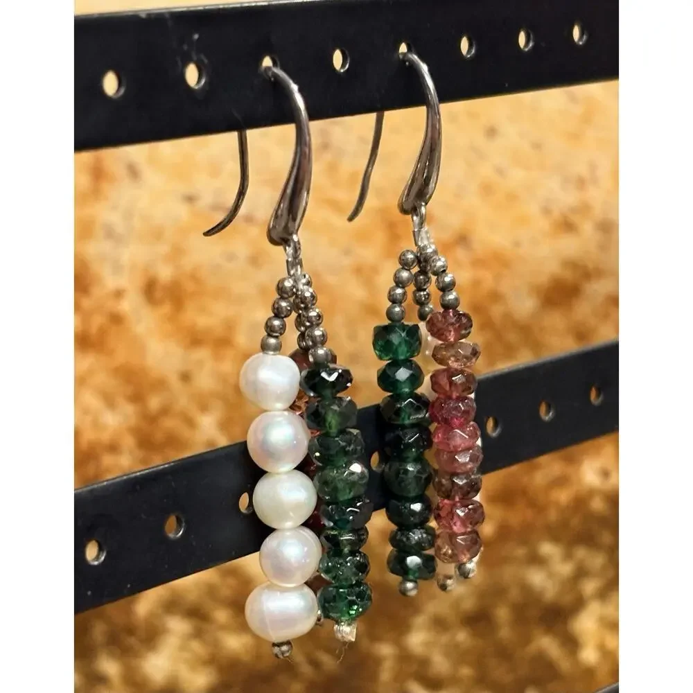 Sterling Silver Freshwater Pearl & Tourmaline Earrings Dangle Fishhooks Vintage